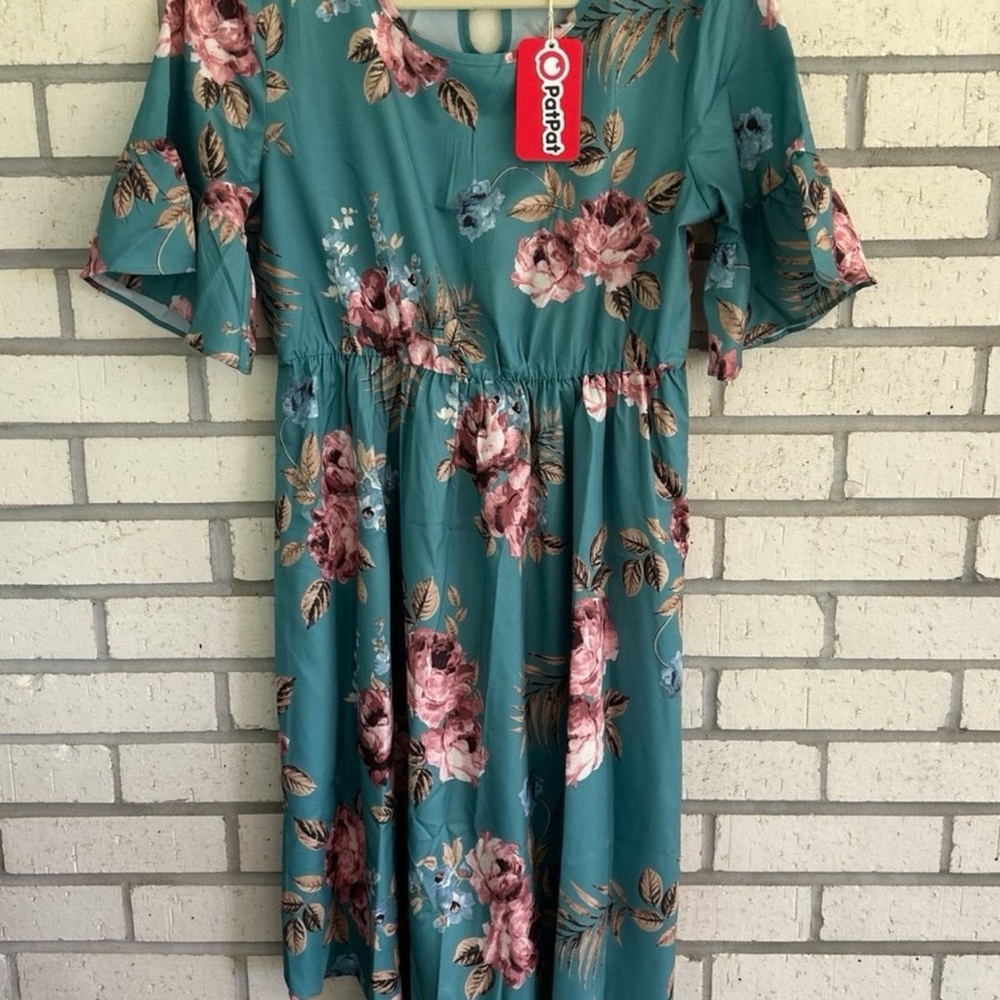 PatPat Teal Floral Dress with Pink and Brown Leaves